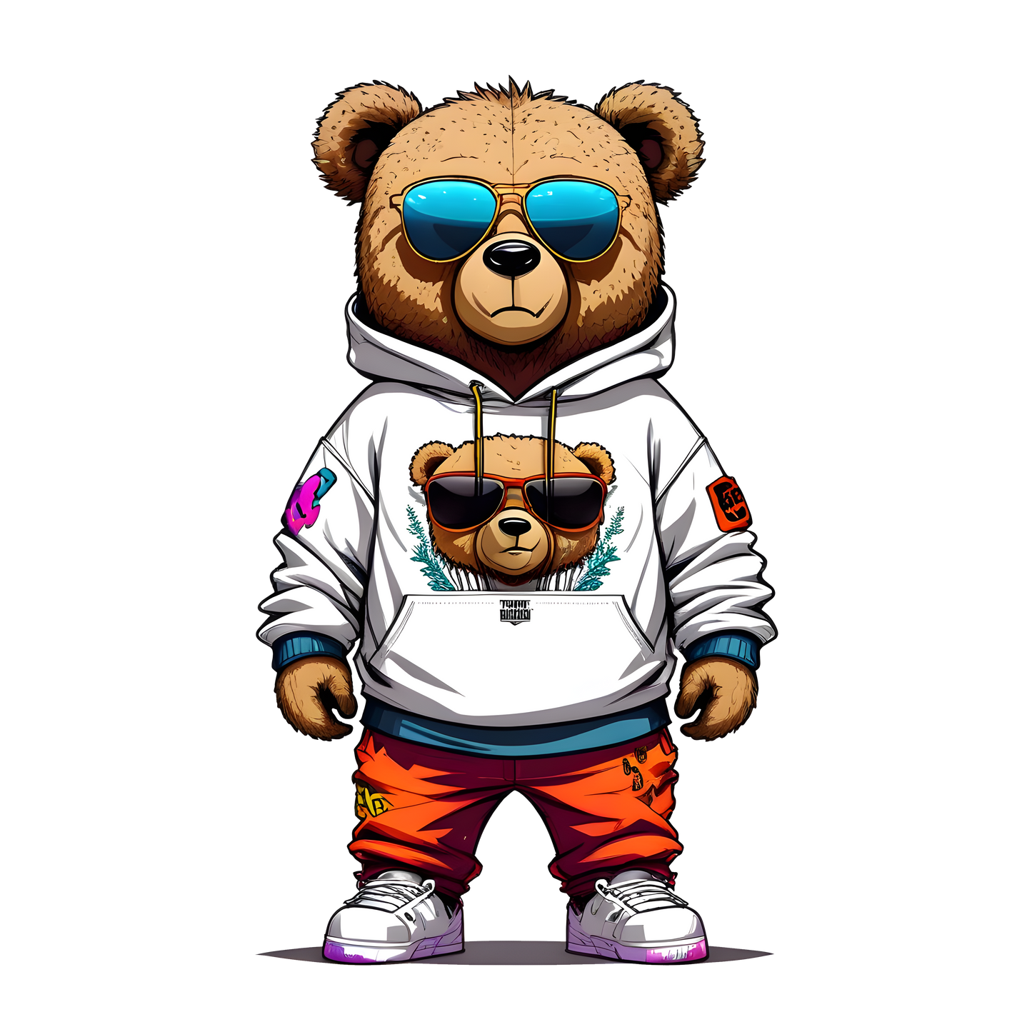 "Street style teddy bear in hoodie, shades and sneakers graphic on t-shirt"