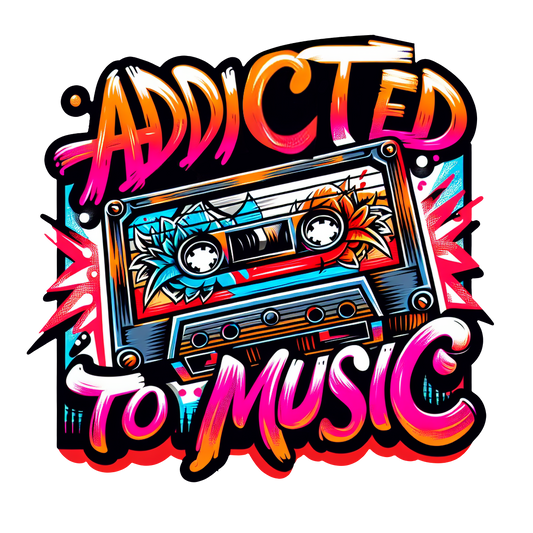 Addicted to Music T shirt featuring a vibrant neon cassette tape with bold retro colours, designed for music lovers in the UK who enjoy expressive streetwear and high quality DTF printed artistic music apparel.