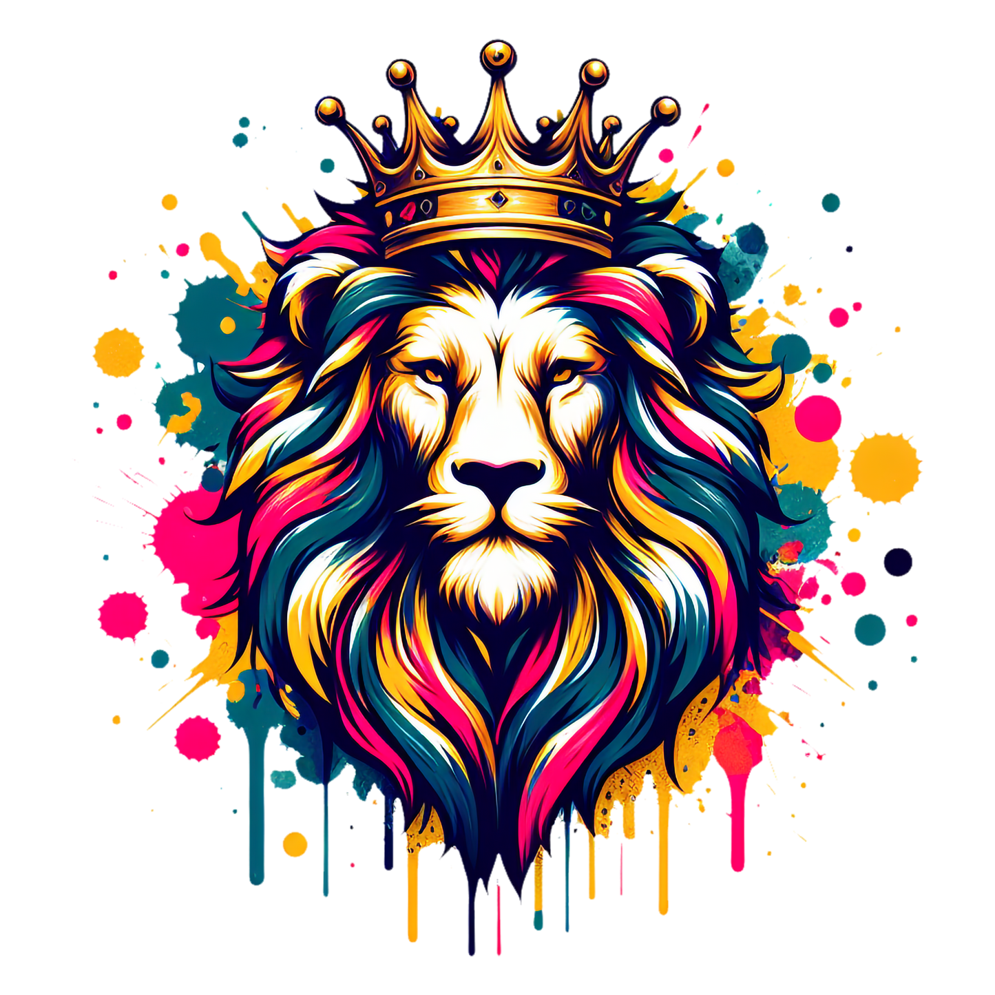 Crowned Lion T-shirt with colourful mane and vibrant splatter art