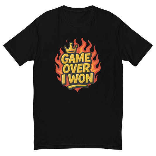 Game Over I Won T shirt design with gold lettering, fiery flame background and crown detail, perfect for gaming apparel, funny gamer tops and high quality DTF printing UK