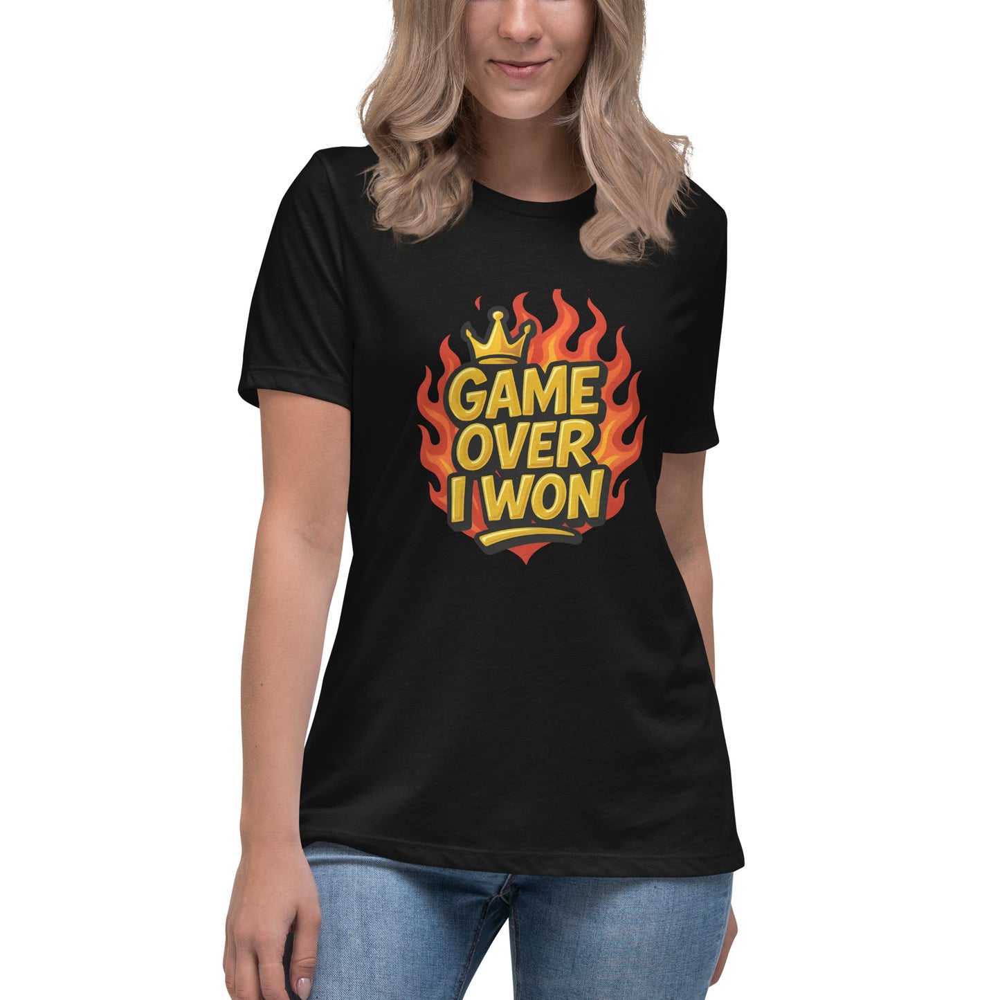 Game Over I Won T shirt design with gold lettering, fiery flame background and crown detail, perfect for gaming apparel, funny gamer tops and high quality DTF printing UK