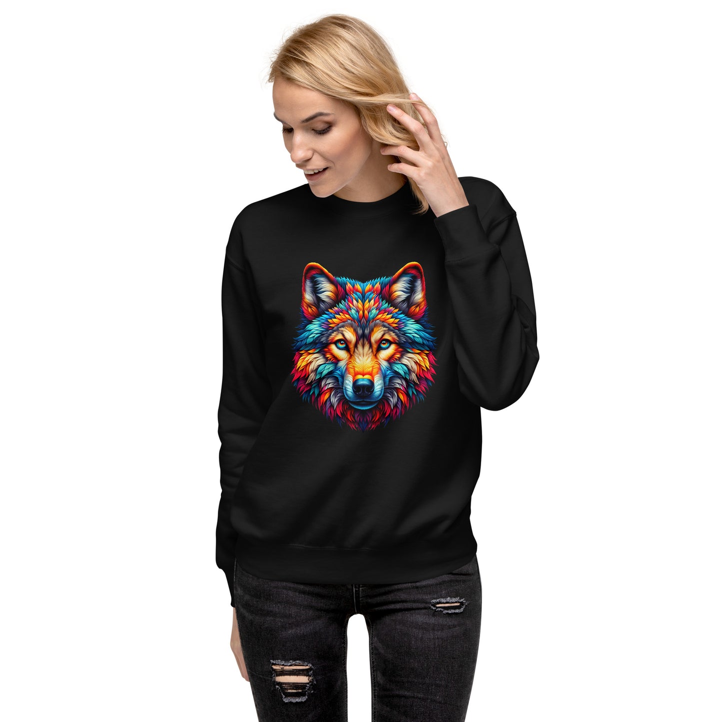 Black sweatshirt with colourful wolf graphic print – streetwear fashion UK