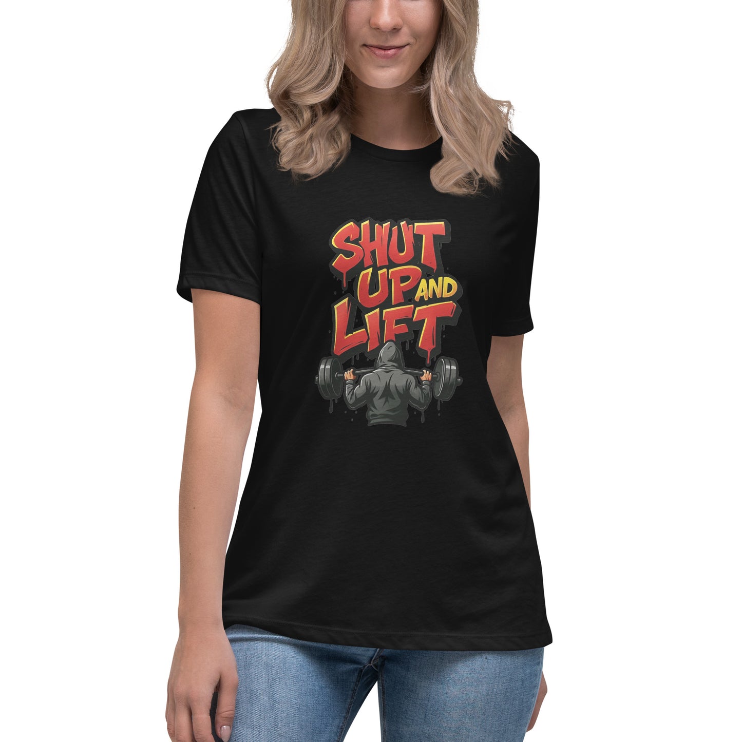 Shut Up and Lift T shirt design featuring bold graffiti lettering and a hooded lifter holding a heavy barbell, created for motivational gym apparel, hardcore fitness clothing and professionally printed with high quality DTF printing in the UK