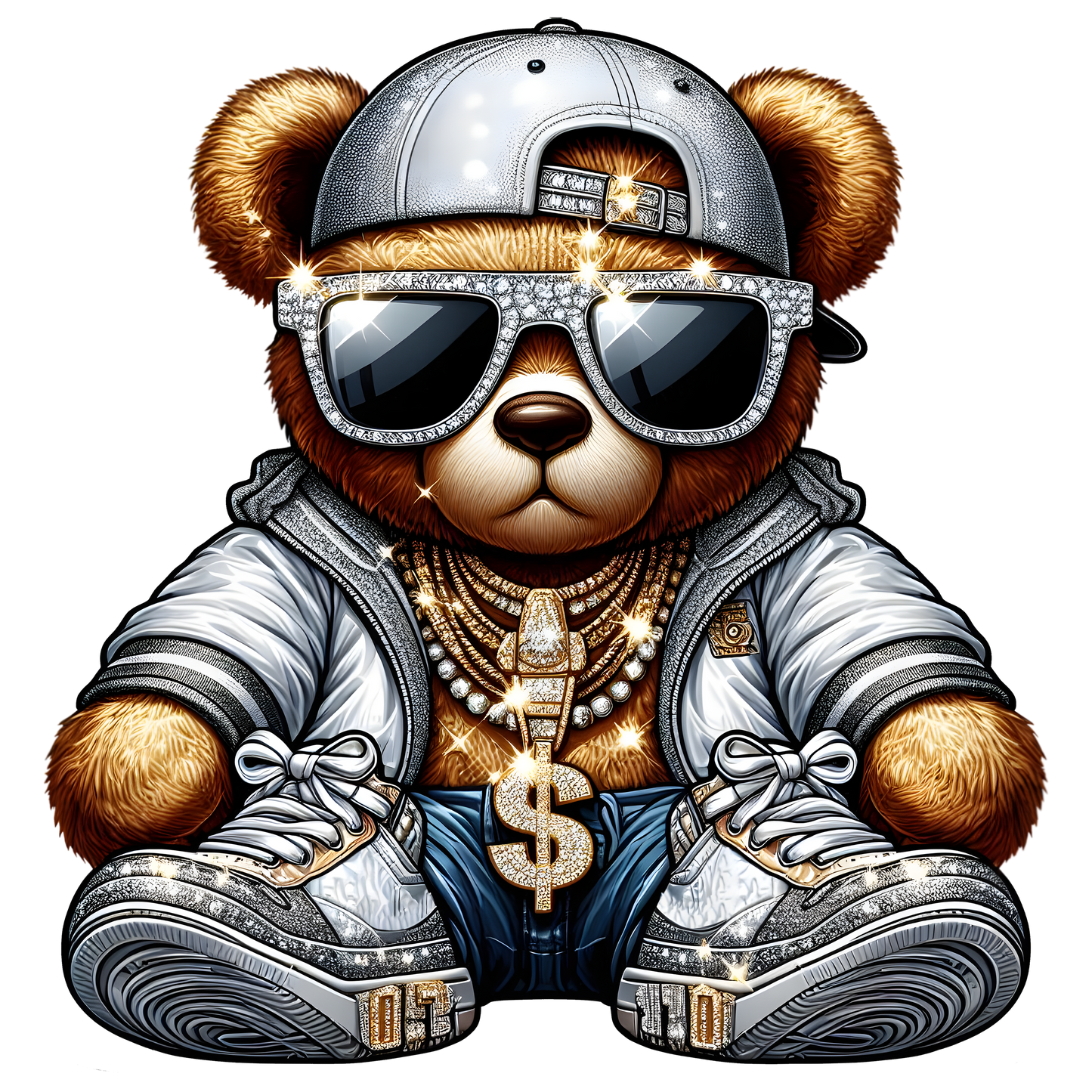 Gangster bear wearing grey streetwear outfit, gold chains, and sunglasses