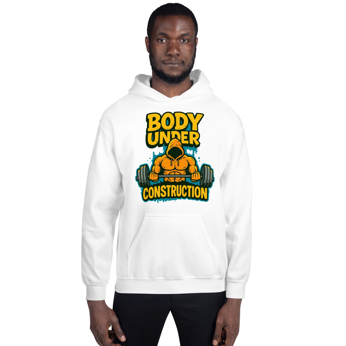 Body Under Construction hoodie print showing premium UK print detail