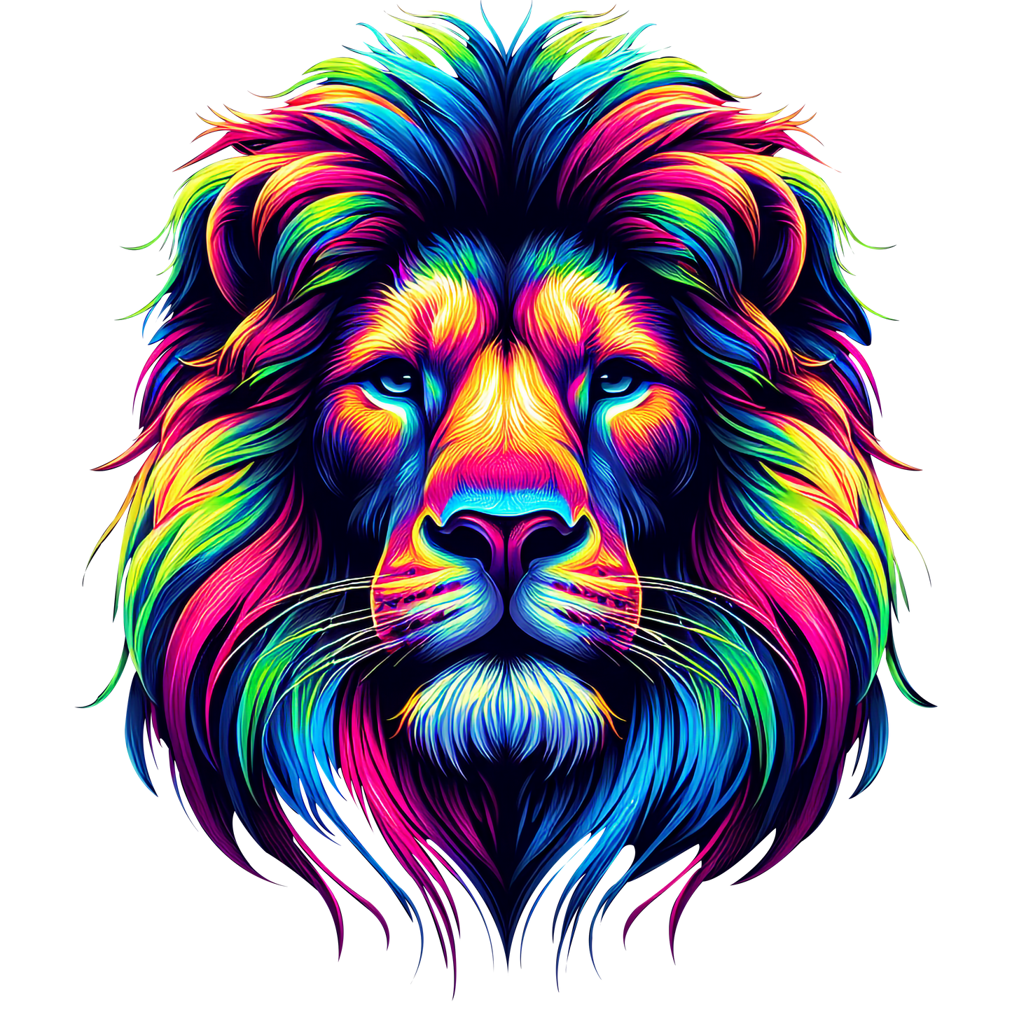 Colourful rainbow lion head graphic printed on a white t-shirt.