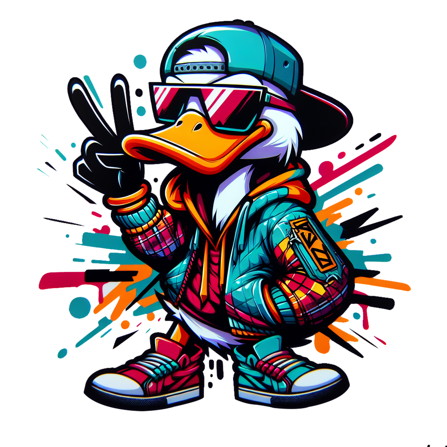 cool duck wearing cap sunglasses graffiti streetwear cartoon t-shirt design