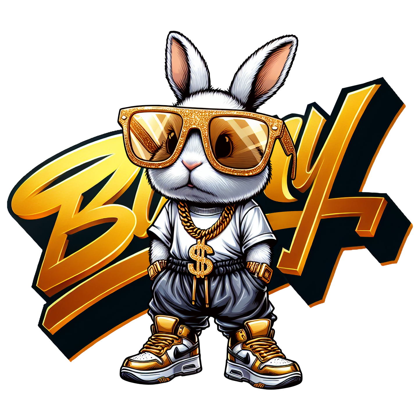 Cartoon bunny in gold sunglasses and chains, dressed in hip hop streetwear with gold shoes.
