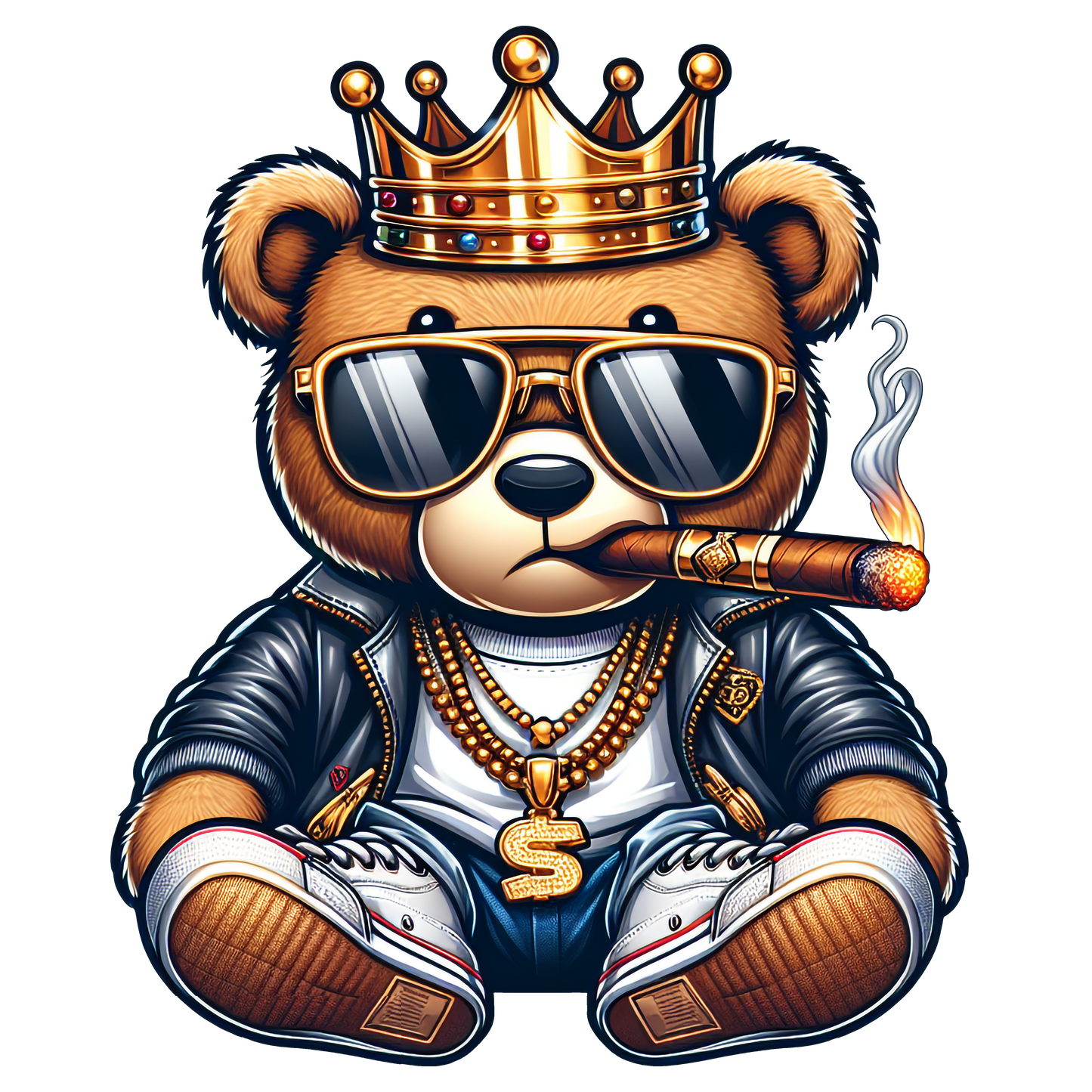 Gangsta teddy bear with crown, sunglasses, gold chains and cigar printed on white t-shirt.