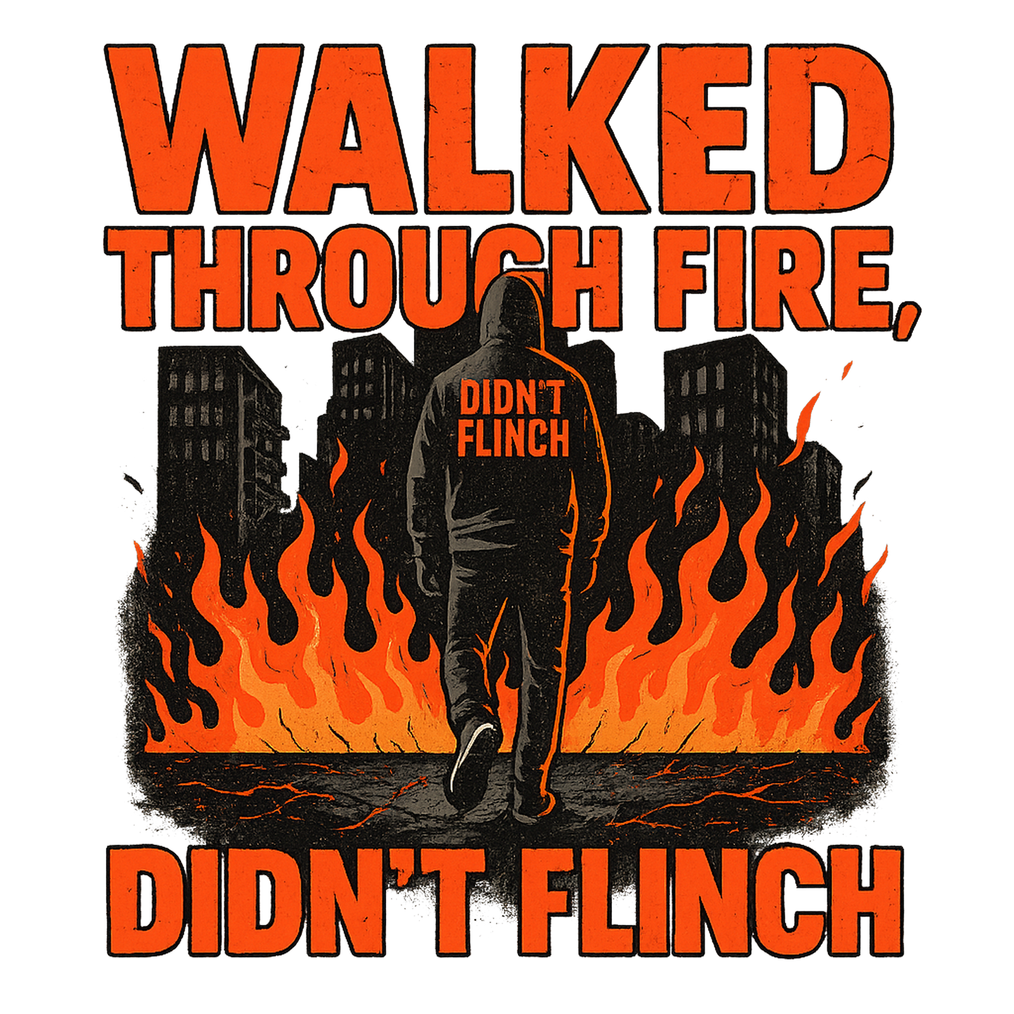 Walked Through Fire Didn’t Flinch motivational streetwear t shirt with bold flame graphic in DTF print