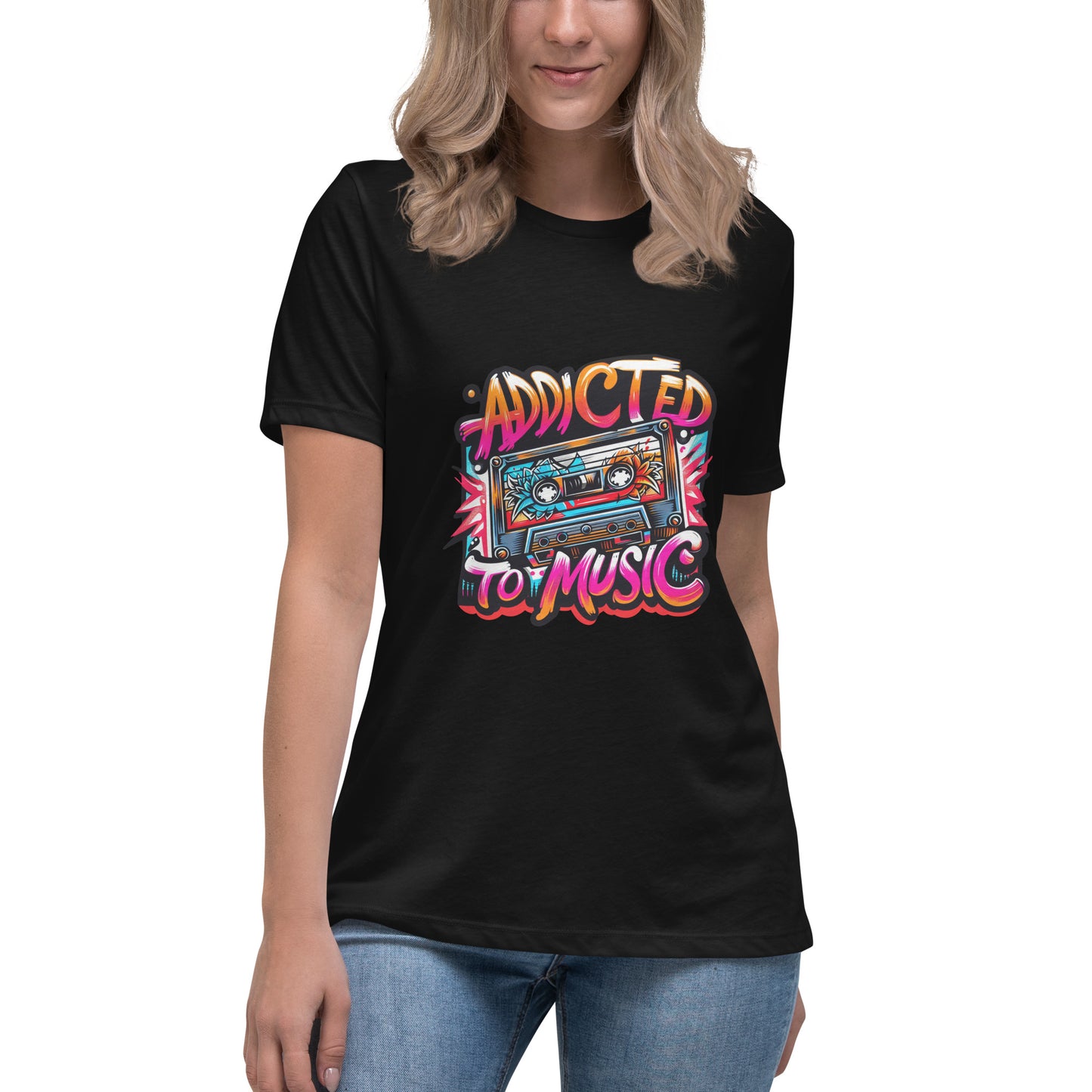 Addicted to Music T shirt featuring a vibrant neon cassette tape with bold retro colours, designed for music lovers in the UK who enjoy expressive streetwear and high quality DTF printed artistic music apparel.
