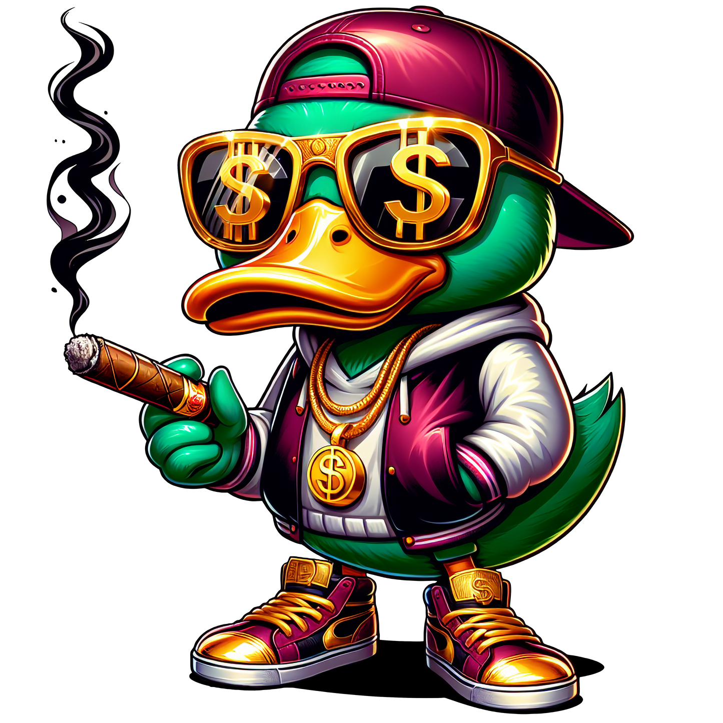cartoon duck wearing gold chains dollar glasses smoking cigar graphic t-shirt