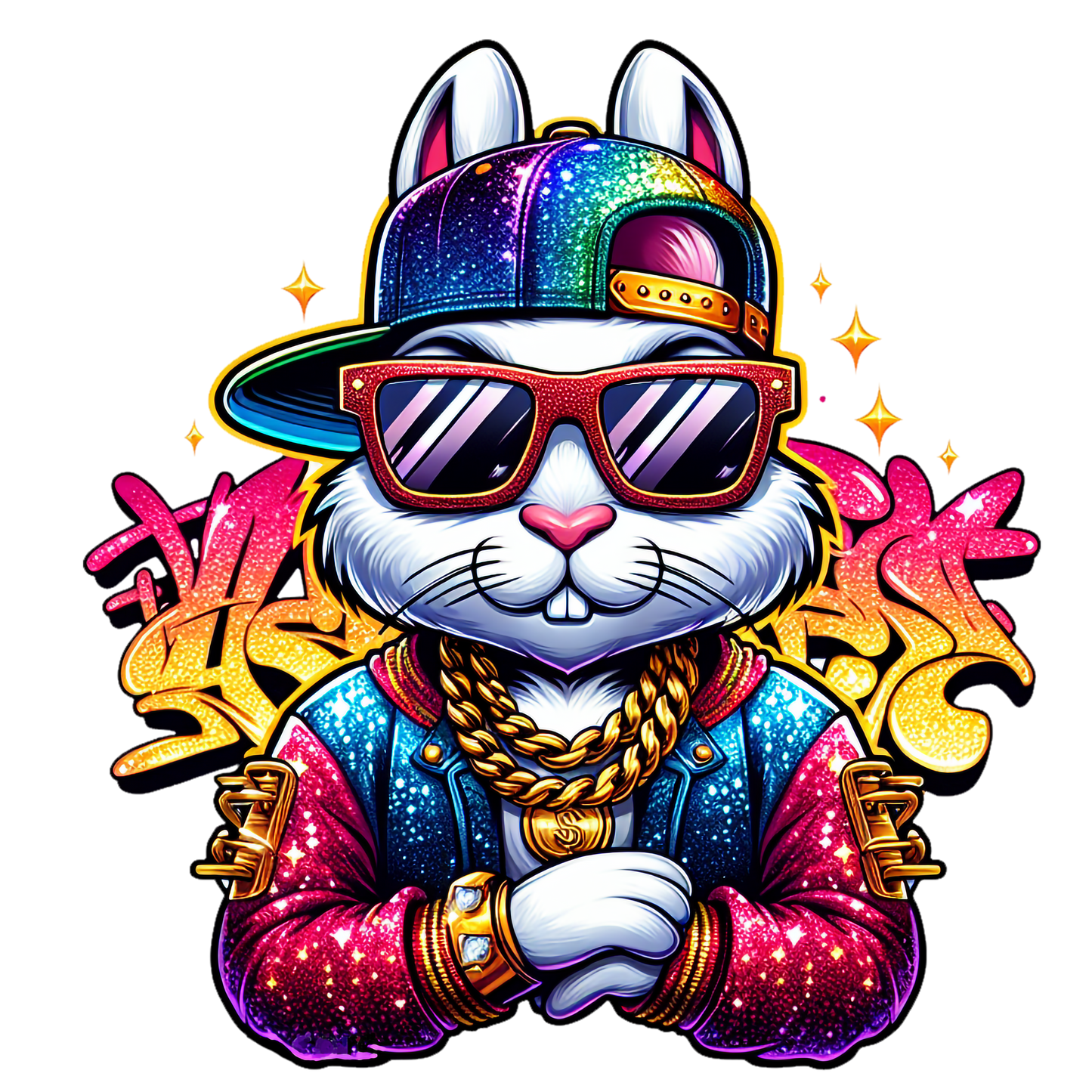 Cartoon bunny wearing sunglasses, snapback hat and gold chain on a colourful urban-style graphic t-shirt