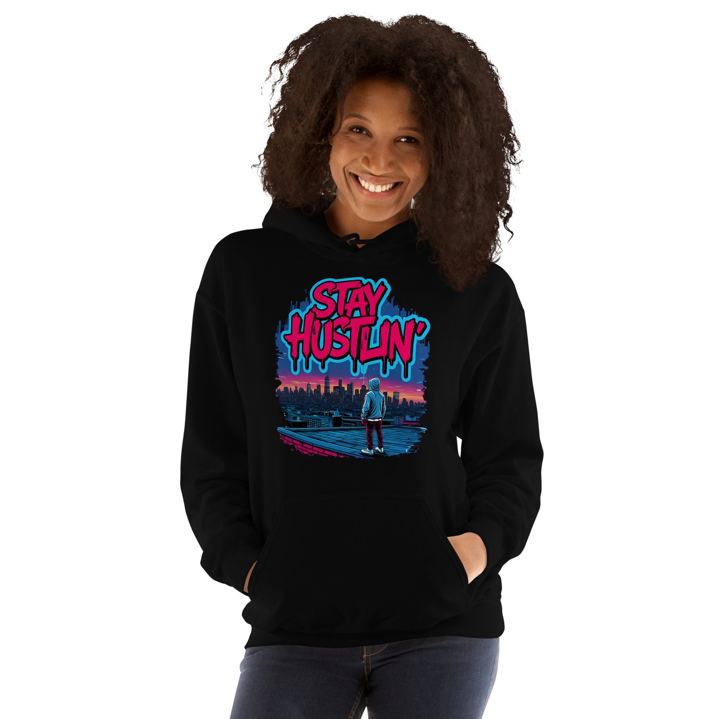 Unisex Stay Hustlin’ hoodie styled for UK streetwear fashion, relaxed fit and cosy fleece fabric.
