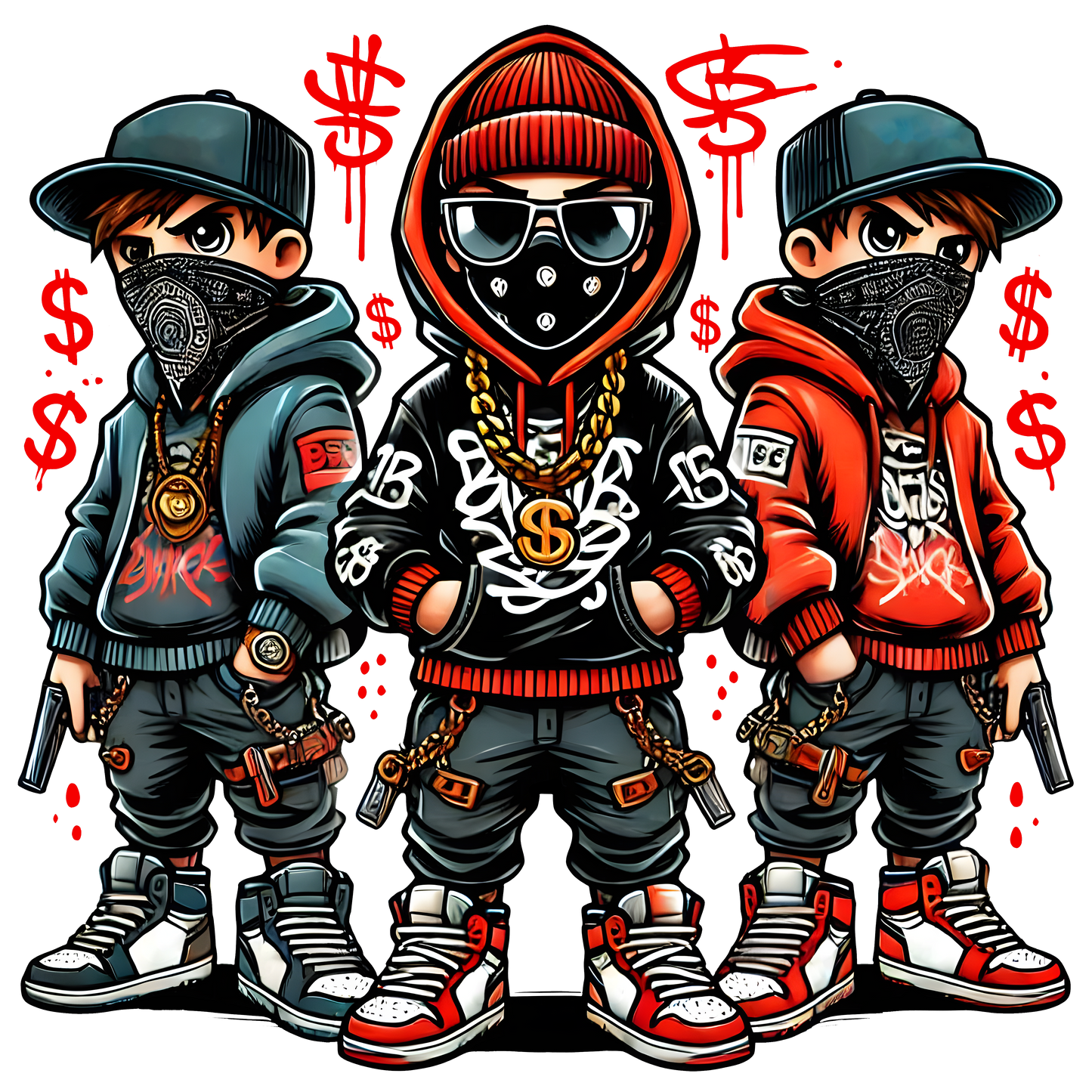 cartoon streetwear gangster trio t-shirt with graffiti money red black style
