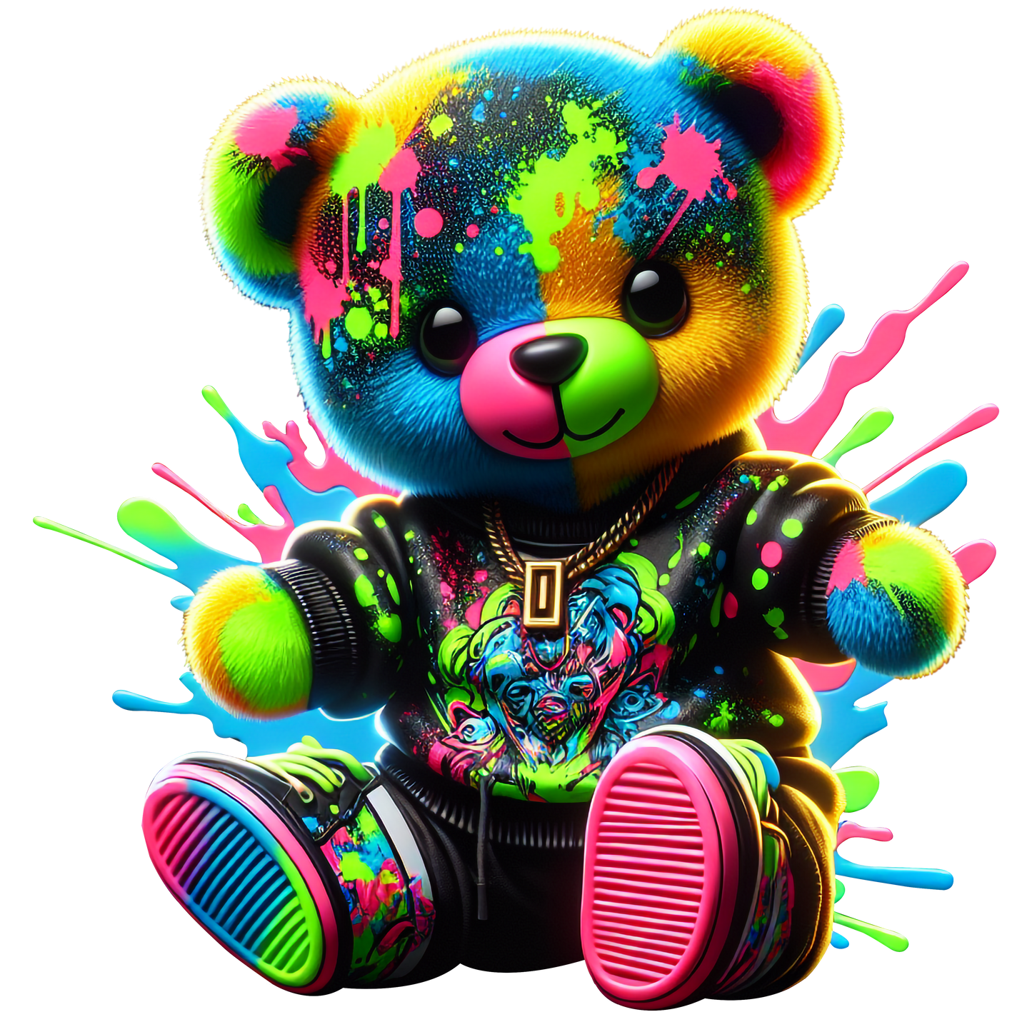 Neon Graffiti Teddy Bear streetwear t shirt with bright colourful design and graffiti style DTF print