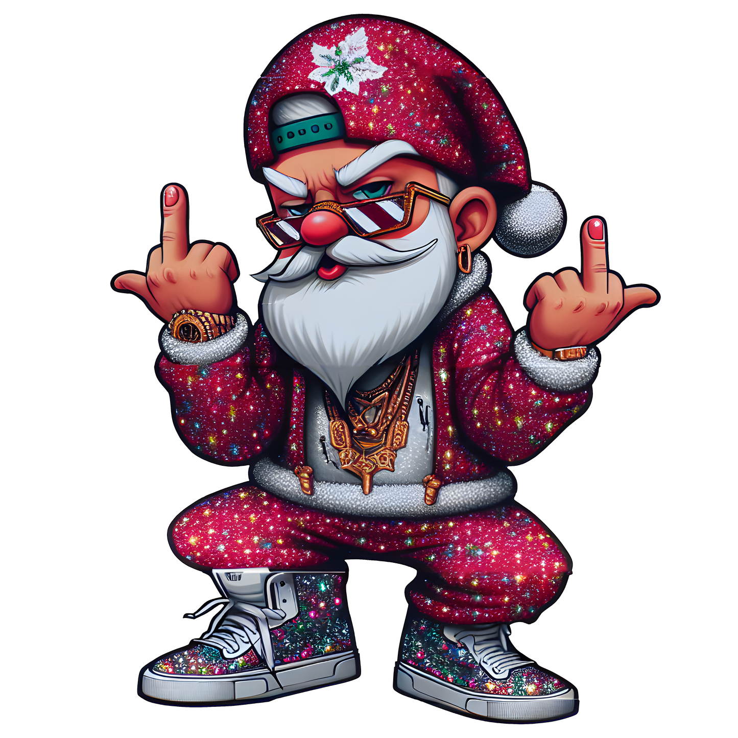 Cool gangster Santa Claus in streetwear with gold chains and sneakers, flipping the bird – bold Christmas graphic design.