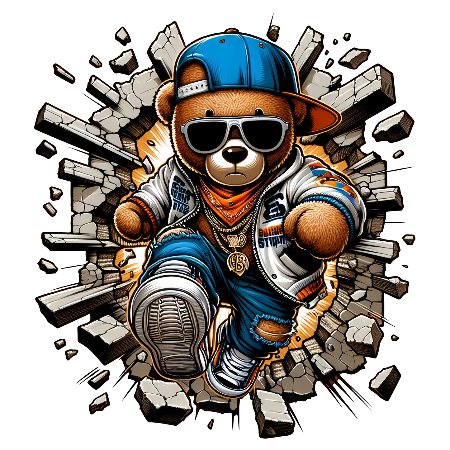 Hip Hop Teddy Bear streetwear t shirt breaking wall graffiti style design DTF print