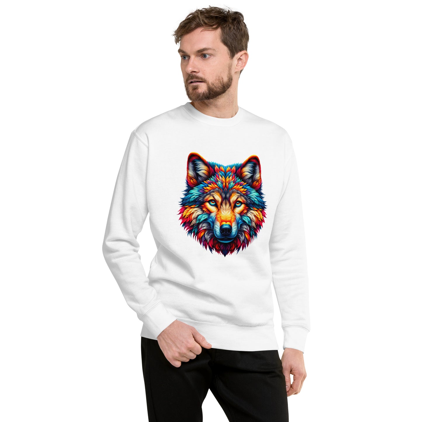 White sweatshirt with wolf graphic print – streetwear UK