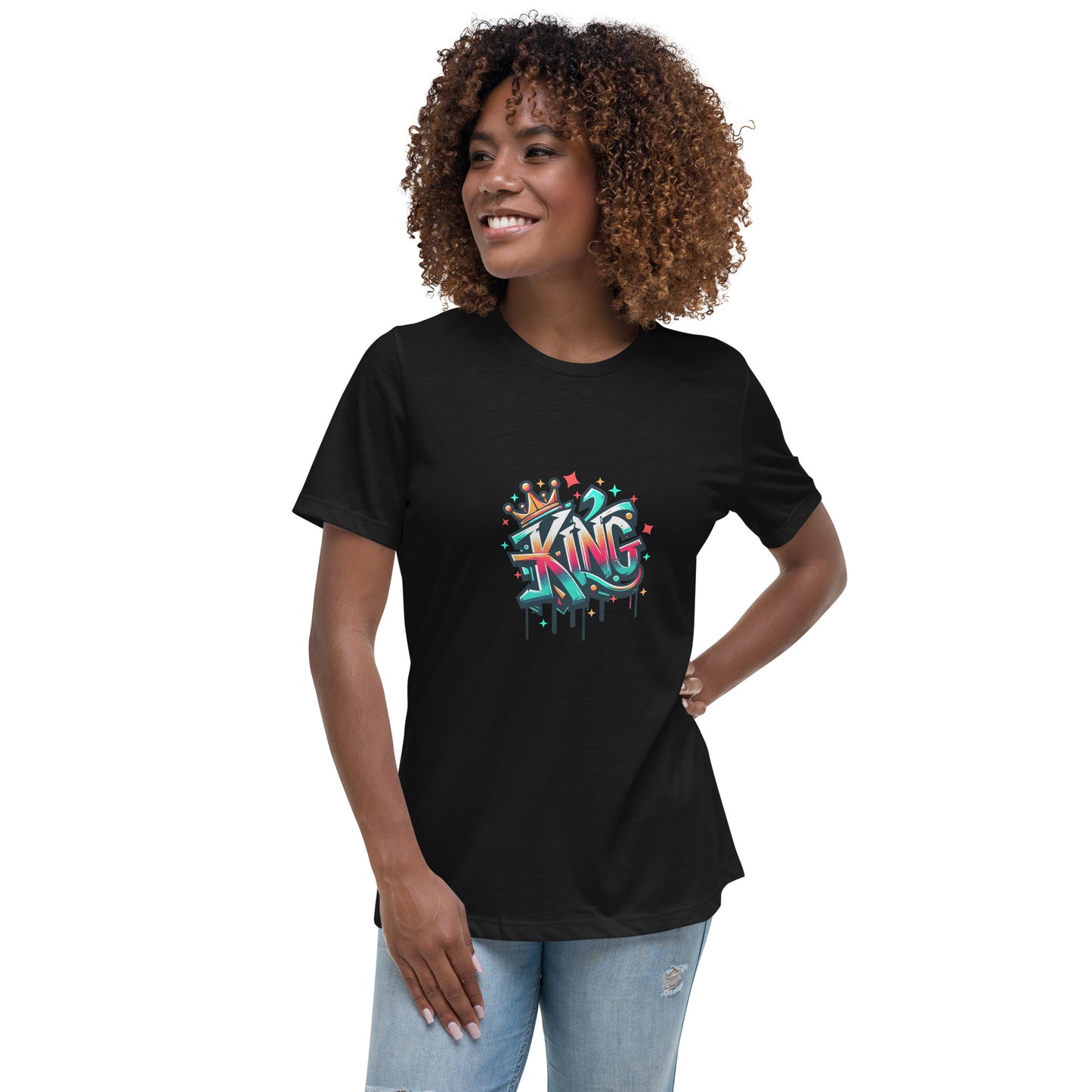 KING streetwear T shirt design featuring bold graffiti lettering with a crown illustration, created for fans of urban fashion and hip-hop style and professionally printed with high quality DTF printing in the UK.