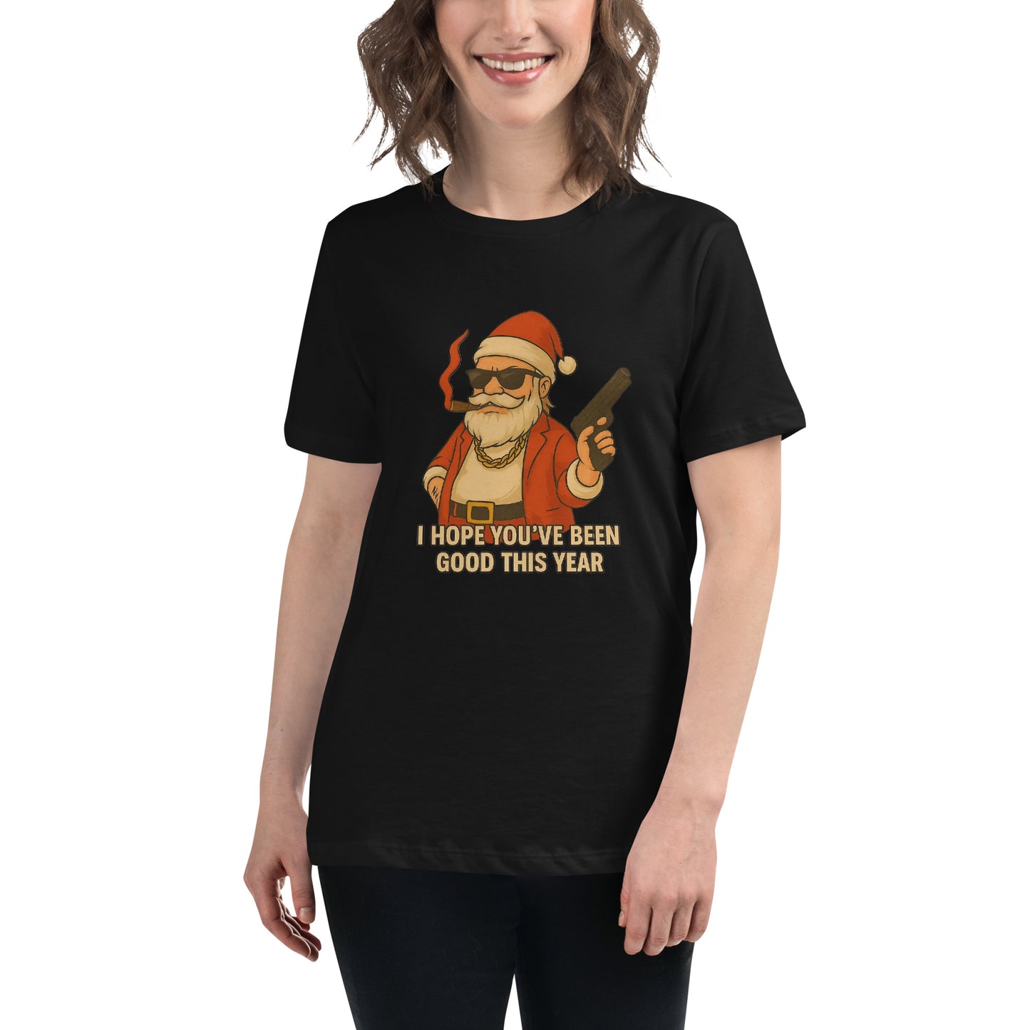 A bold and funny Santa streetwear design with sunglasses, cigar and a stylised weapon, printed with high-quality DTF printing in the UK.