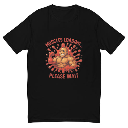 Muscles Loading funny gym t shirt design with bold cartoon bodybuilder artwork using premium DTF printing UK for fitness and bodybuilding lovers