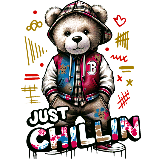 A cute streetwear teddy bear graphic with bright colours and urban lettering, printed using high-quality DTF printing in the UK.