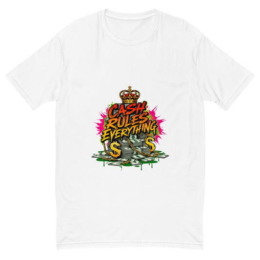 Graffiti-style Cash Rules Everything t-shirt design with money graphics and crown.