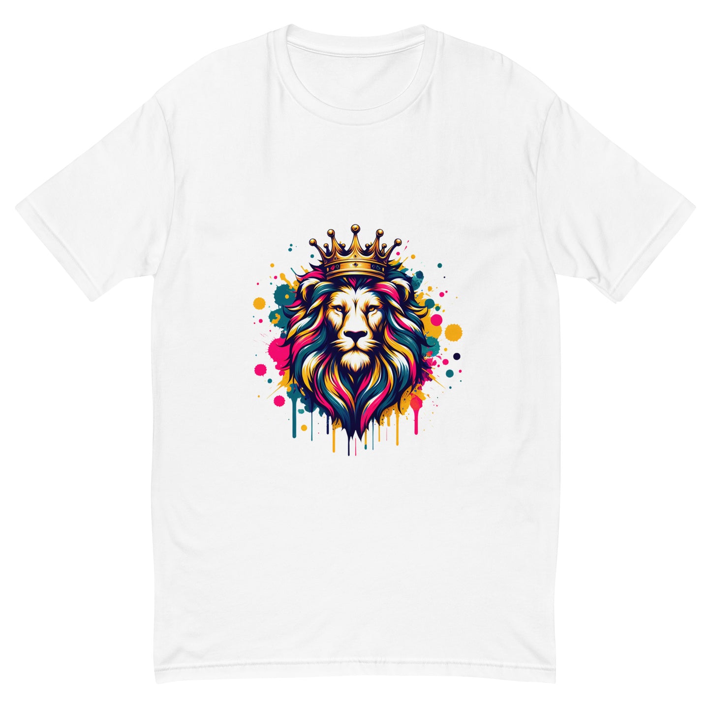 Crowned Lion T-shirt with colourful mane and vibrant splatter art