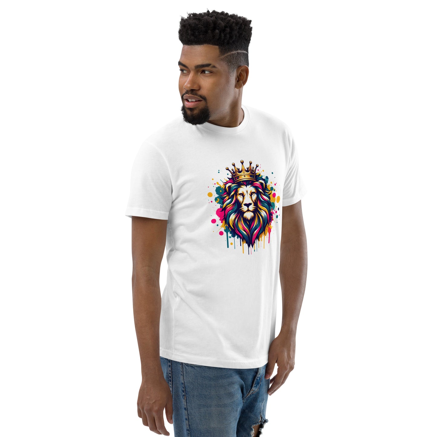 Crowned Lion T-shirt with colourful mane and vibrant splatter art