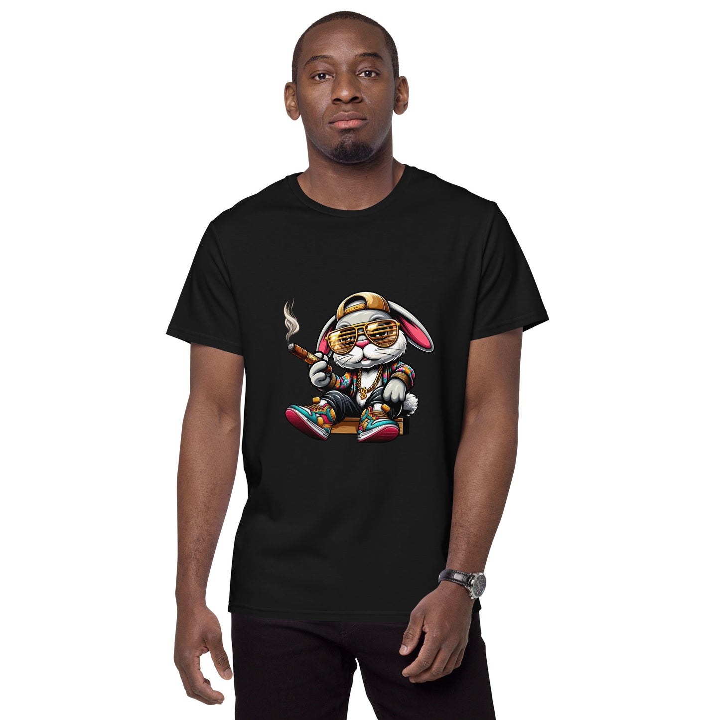 Cartoon bunny in sunglasses smoking a cigar, wearing colourful sneakers and gold chains – street-style.