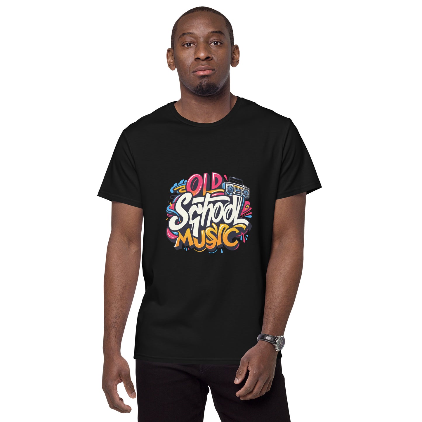 Old School Music T-shirt with graffiti-style retro design and boombox.