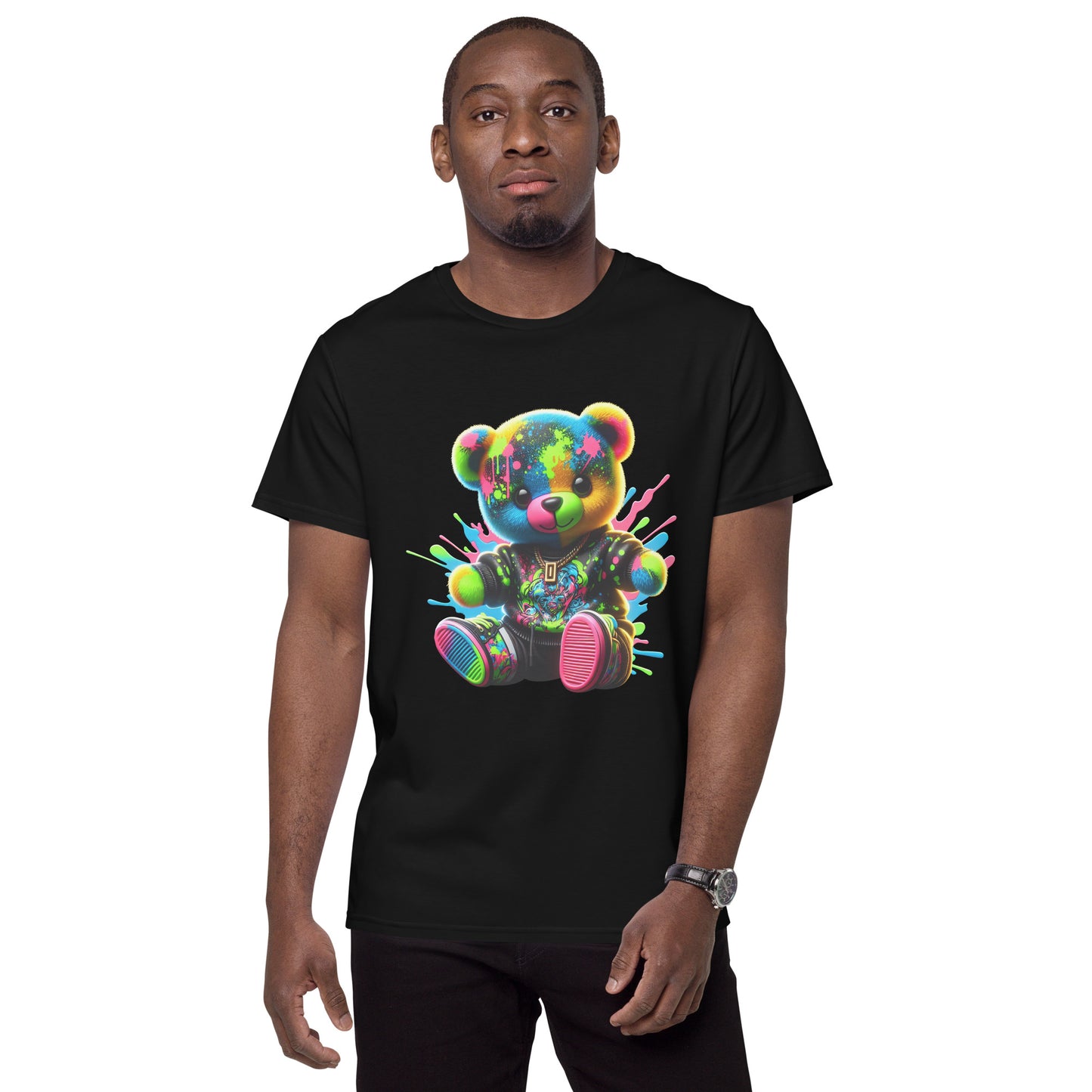 Neon Graffiti Teddy Bear streetwear t shirt with bright colourful design and graffiti style DTF print