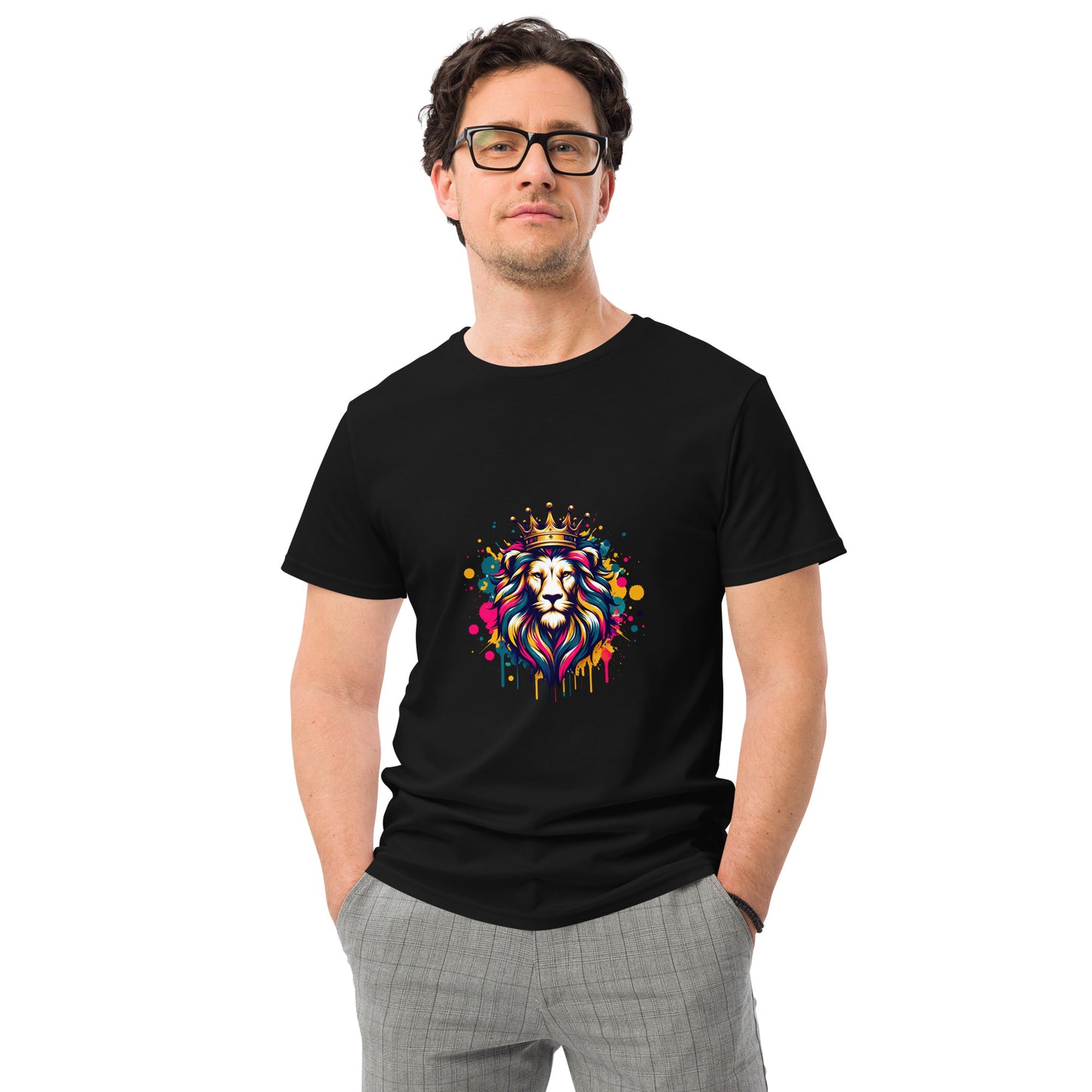 Crowned Lion T-shirt with colourful mane and vibrant splatter art