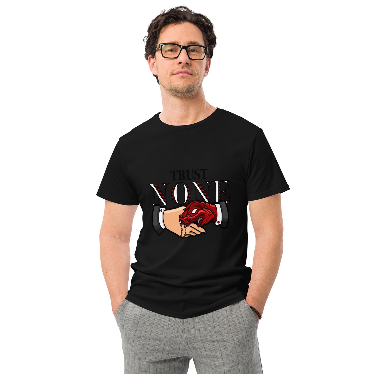 Trust None T-shirt with snake-hand handshake and bold message