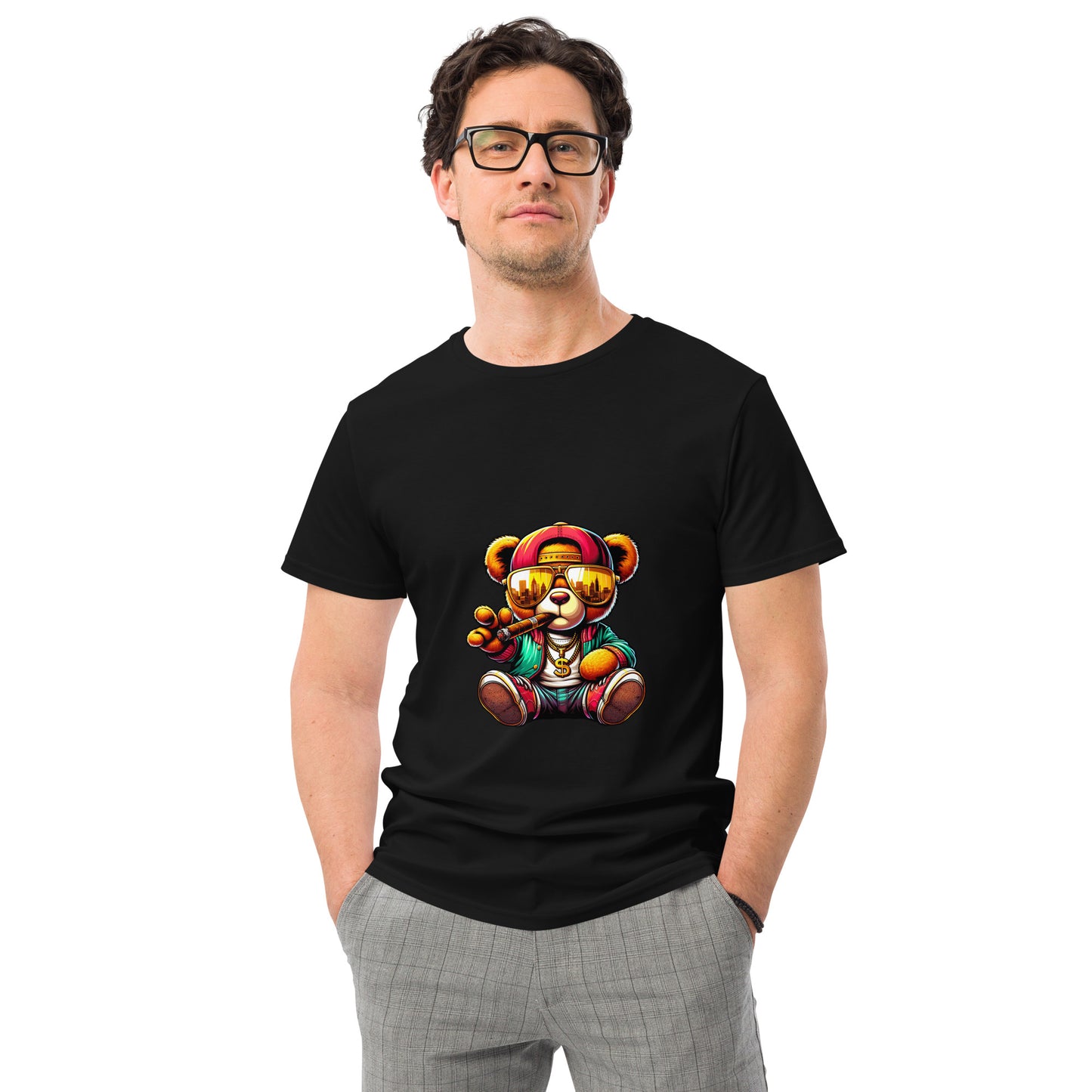 Cool cartoon bear wearing streetwear and sunglasses peace sign.