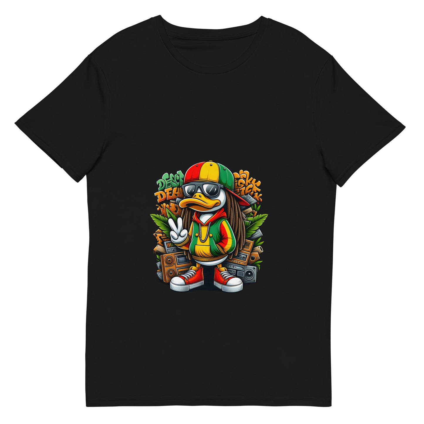 Cartoon reggae duck wearing rasta colours with boom box and peace sign