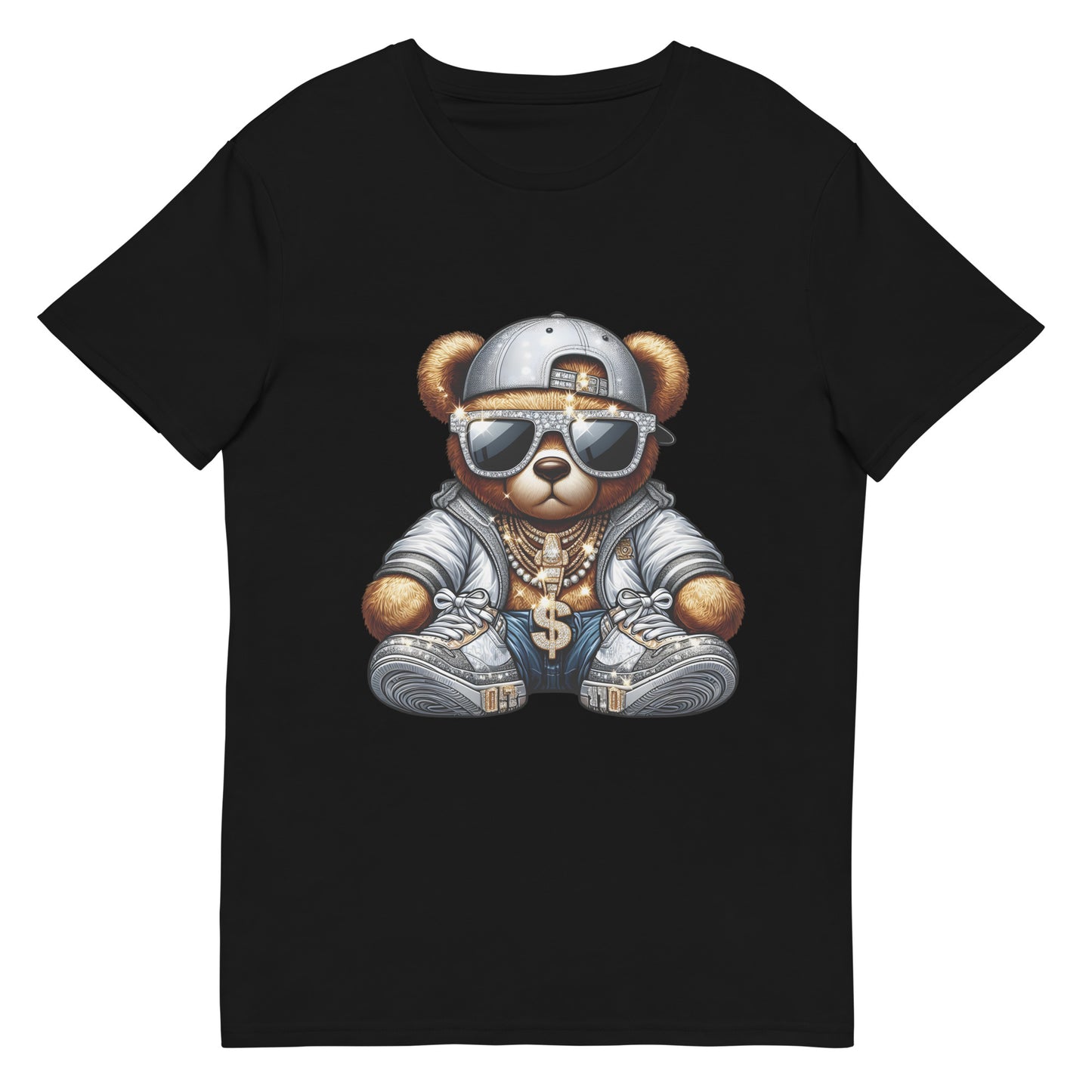Gangster bear wearing grey streetwear outfit, gold chains, and sunglasses