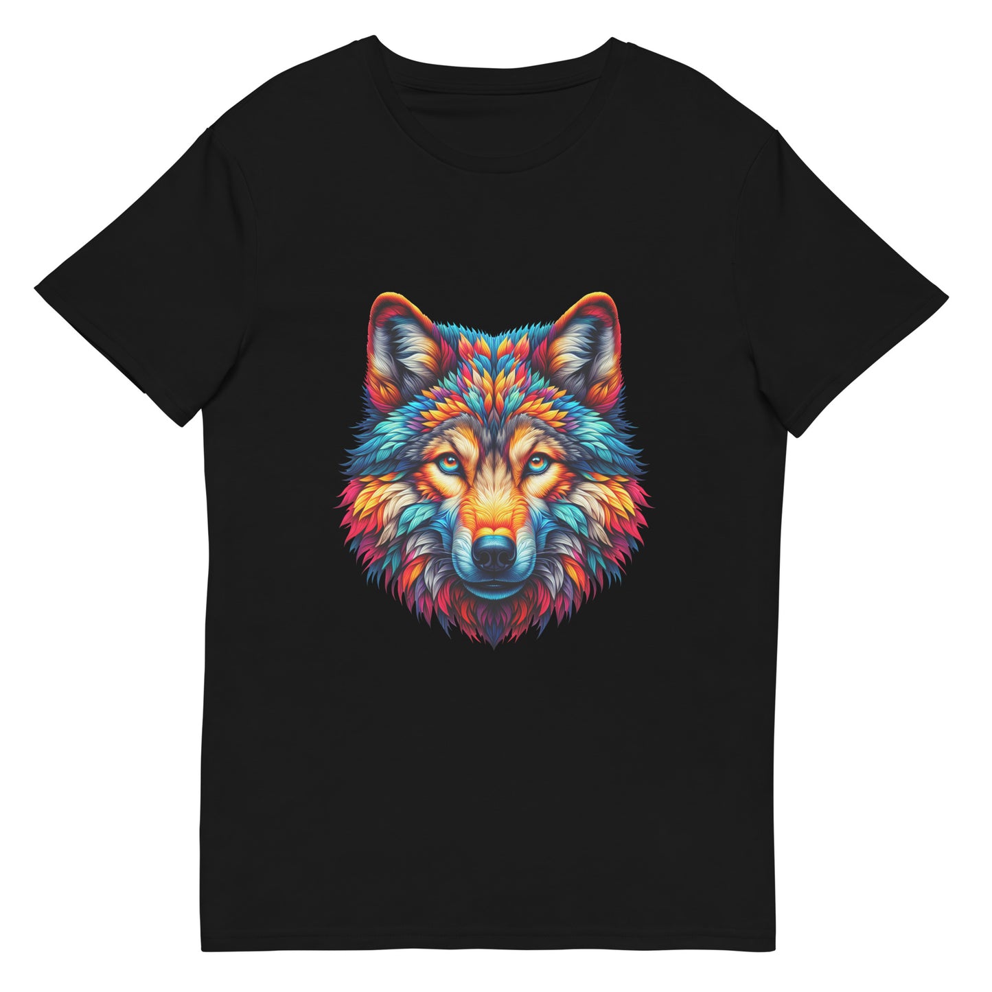 Colorful wolf design printed on graphic t-shirt.