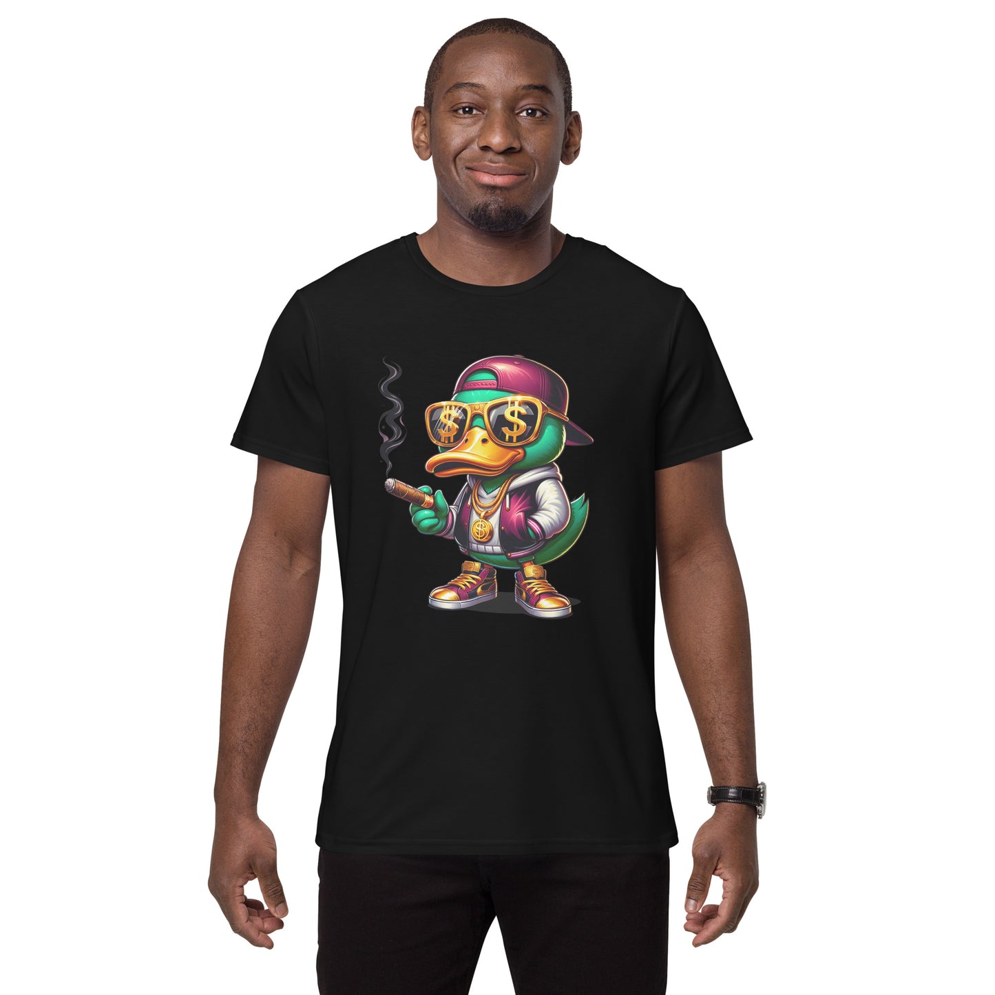 cartoon duck wearing gold chains dollar glasses smoking cigar graphic t-shirt