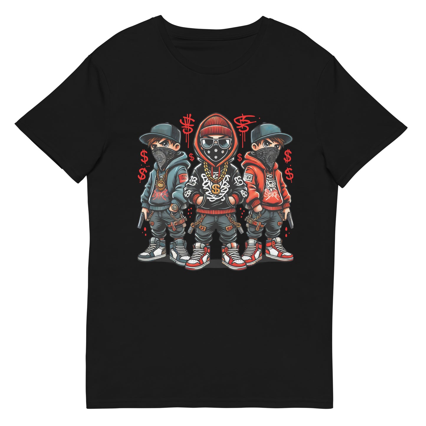 cartoon streetwear gangster trio t-shirt with graffiti money red black style
