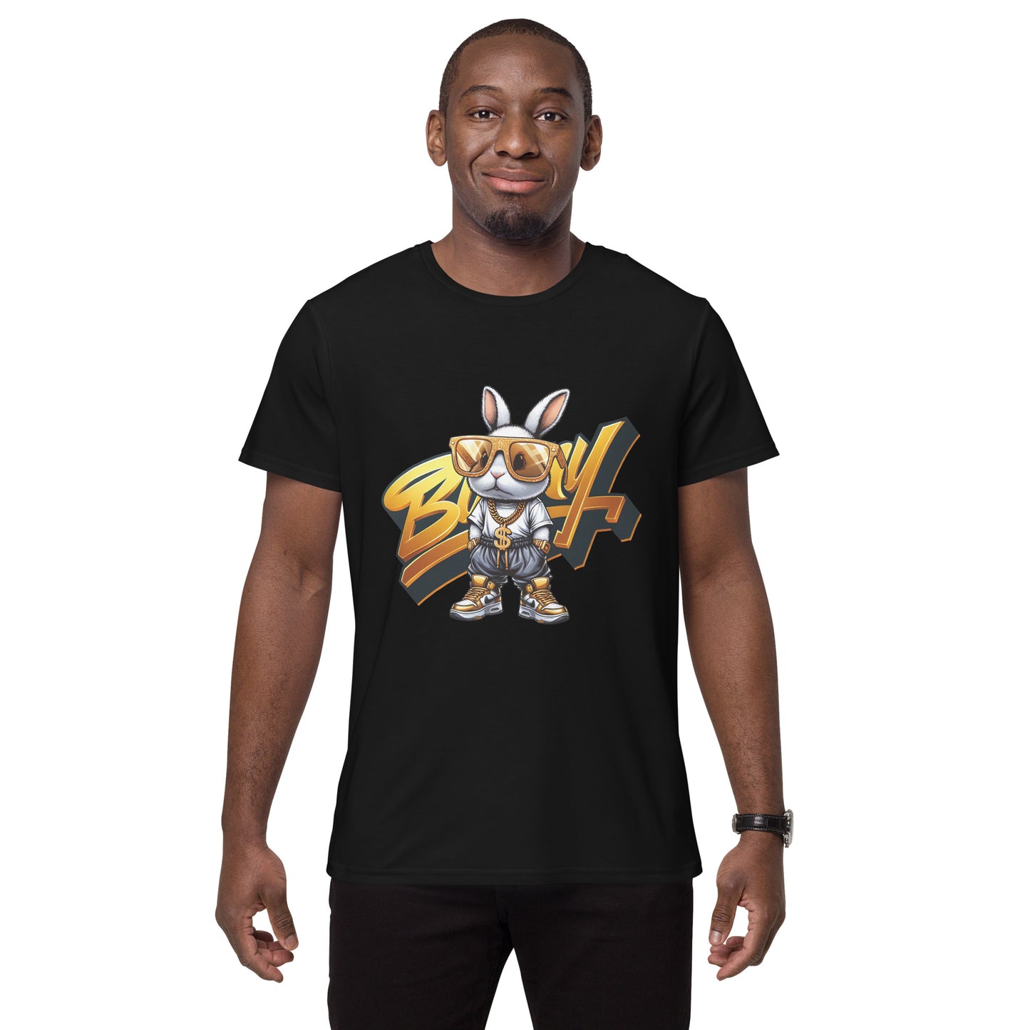 Cartoon bunny in gold sunglasses and chains, dressed in hip hop streetwear with gold shoes.
