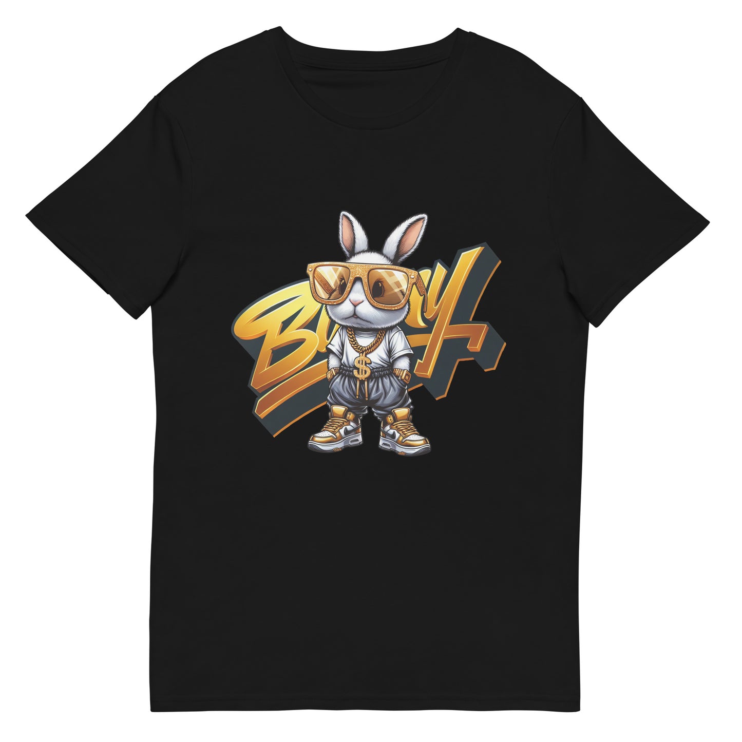 Cartoon bunny in gold sunglasses and chains, dressed in hip hop streetwear with gold shoes.