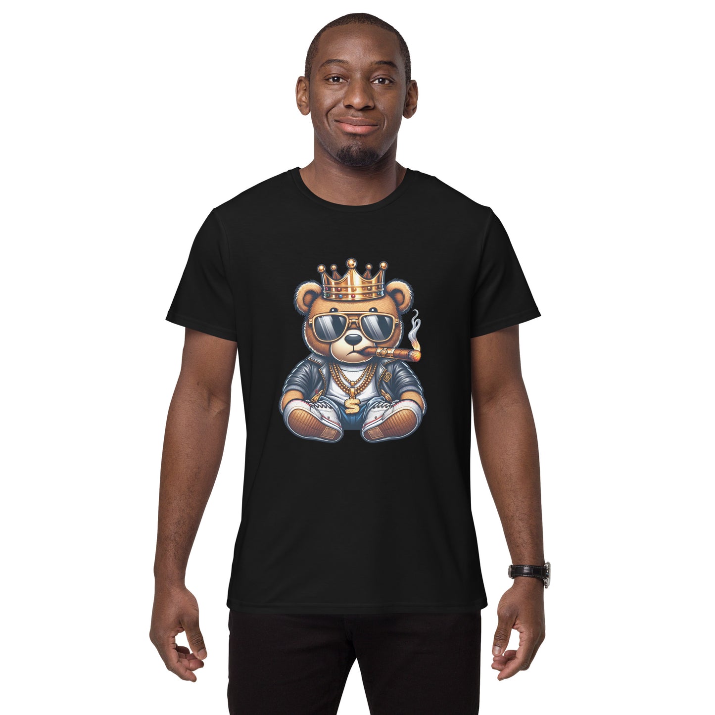 Gangsta teddy bear with crown, sunglasses, gold chains and cigar printed on white t-shirt.