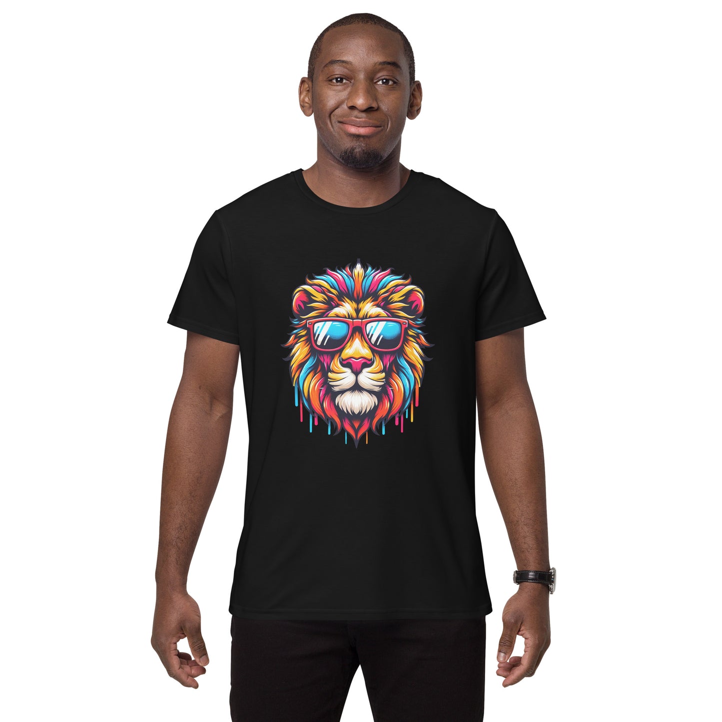 Graphic of a colourful lion with sunglasses dripping in rainbow colours on a white t-shirt.