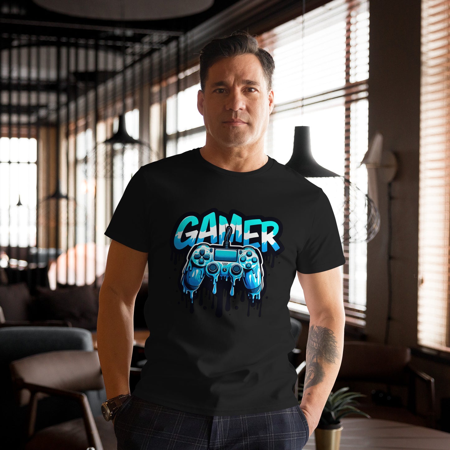 Blue dripping game controller with bold “GAMER” text – cool graphic gaming t-shirt