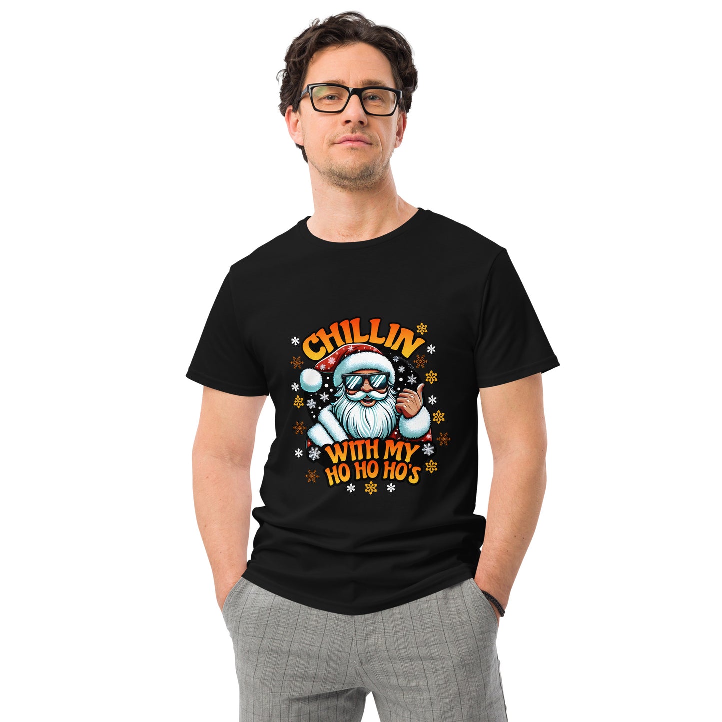 Santa Claus wearing sunglasses with “Chillin with my Ho Ho Ho’s” text – funny Christmas t-shirt design