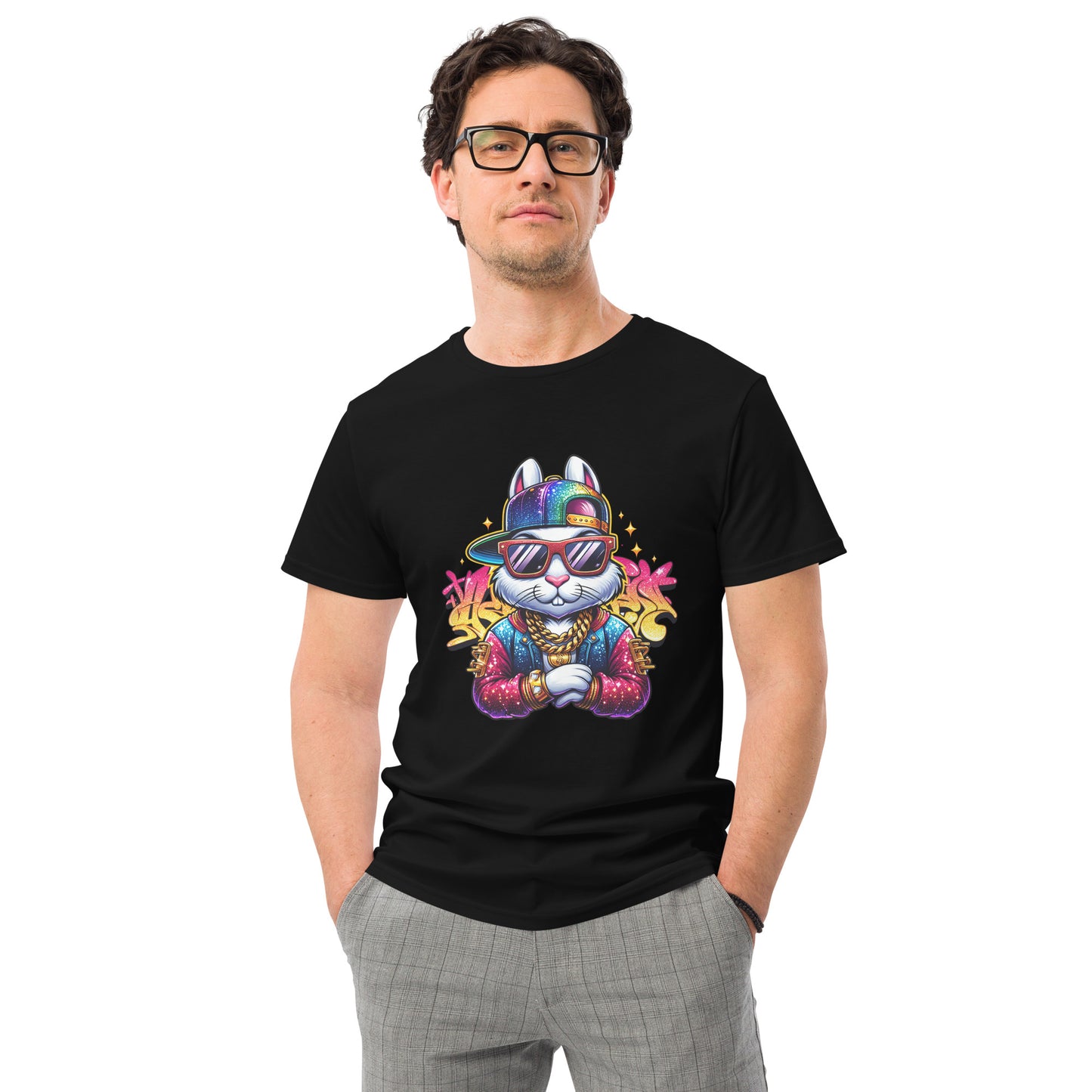 Cartoon bunny wearing sunglasses, snapback hat and gold chain on a colourful urban-style graphic t-shirt