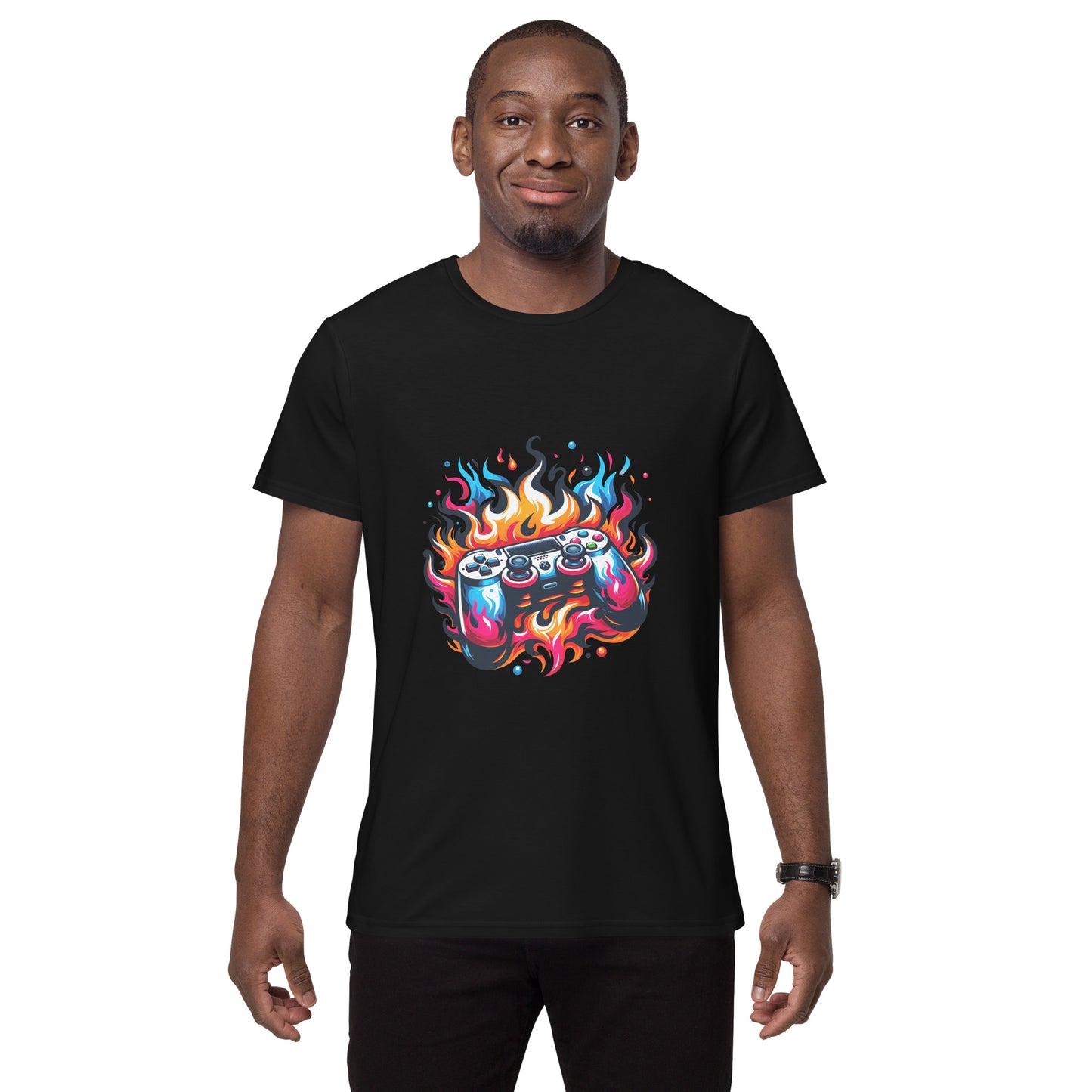 Cool gamer t-shirt with flaming video game controller graphic