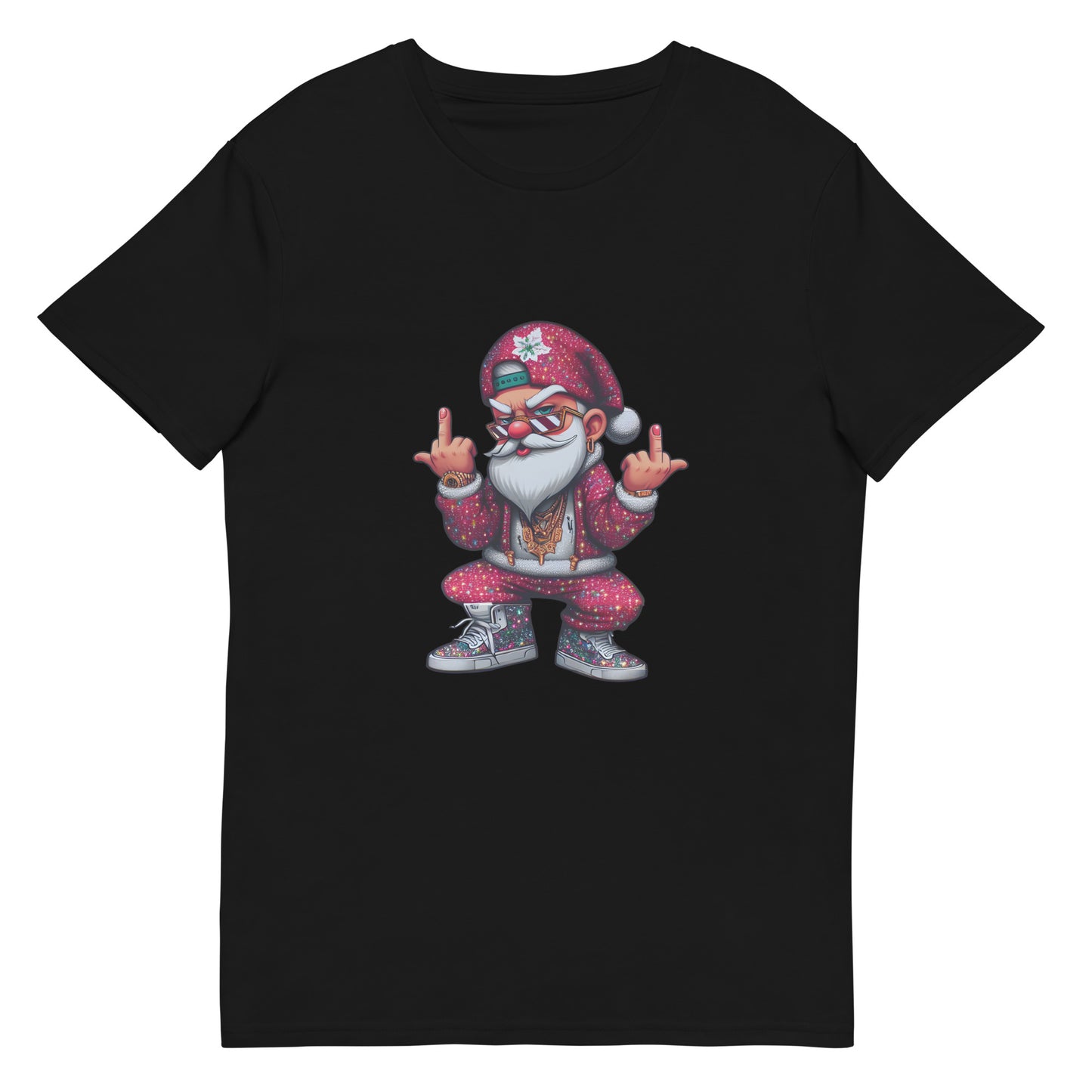 Cool gangster Santa Claus in streetwear with gold chains and sneakers, flipping the bird – bold Christmas graphic design.